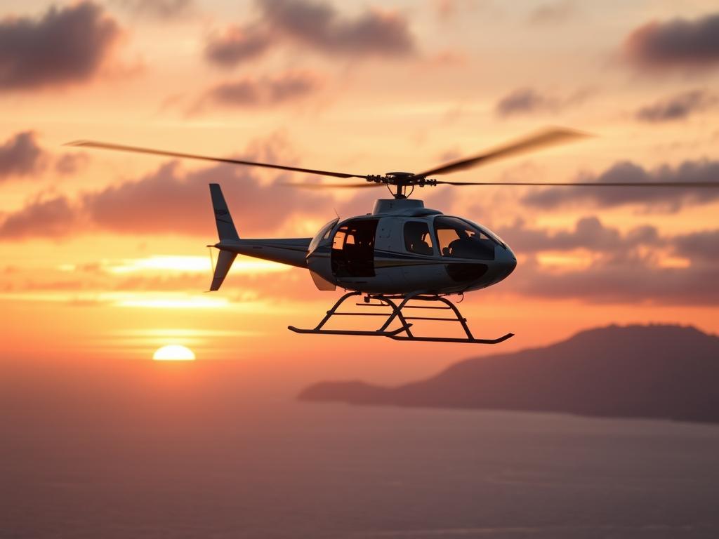 Helico en vol au coucher du soleil